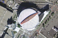 Satellite view of the arena prior to the L.A. Live development. Notice the lack of solar panels on the roof.